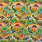 Preview: Kuschelweicher und warmer Sweatstoff in Grün-Orangetönen mit coolen Dinos gemustert