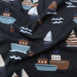 Preview: Kuschelweicher Jersey in marineblau melange mit Segelbooten und Schiffen gemustert
