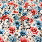 Preview: Kuschelweicher Jersey in weiss mit puderblauen und himbeerroten Mohnblüten gemustert
