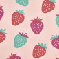 Preview: Kuschelweicher und warmer Sweatstoff in rosa mit bunten Erdbeeren gemustert