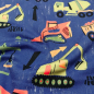Preview: Softer, leichter Sweatstoff in Blau mit tollen Baufahrzeugen gemustert
