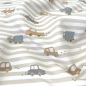 Preview: Weicher French Terry in taupe - offwhite gestreift mit niedlichen Autos gemustert