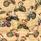 Preview: Superkuscheliger warmer Alpenfleece in Beige mit Treckern und Tierchen gemustert