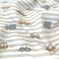 Preview: Weicher Baumwolljersey in taupe - offwhite gestreift mit niedlichen Autos gemustert