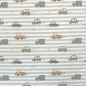 Preview: Weicher Baumwolljersey in taupe - offwhite gestreift mit niedlichen Autos gemustert