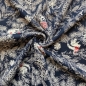 Preview: sehr weicher Baumwolljersey in dunkelblau mit schneeflocken und kleinen Waldtieren gemustert.