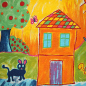 Preview: dekostoff gemustert mit bunten bilden die von kindern gemalt wurden
