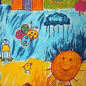 Preview: Dekostoff aus Baumwollgemisch  gemustert mit bunten Bildern die von kleinen Kindern gemalt wurden.