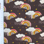 Preview: Baumwolljersey von Hilco in dunkelbraun mit Regenbogen gemustert.