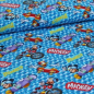 Preview: baumwolljersey in blau mit motiven von micky mouse und seinen freunden in racingstil