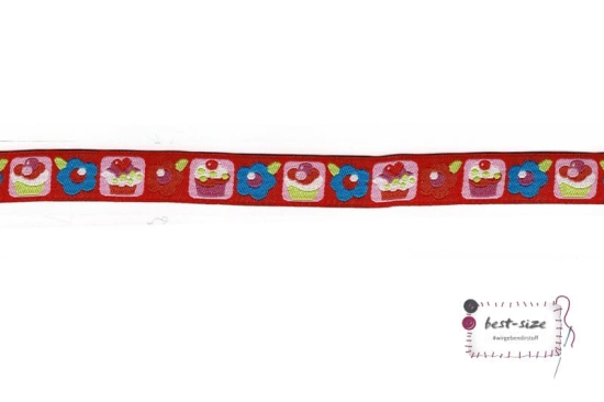 webband mit torten und blumen auf roten hintergrund