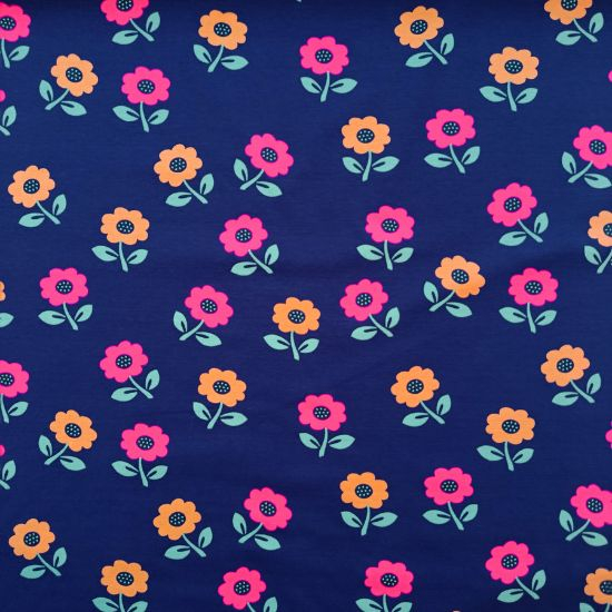Preview: Kuschelweicher Jersey in royalblau mit Neonblumen gemustert