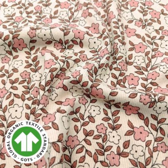 Weicher Ribjersey in Bio Qualität in zartem ecru mit Miniblüten gemustert