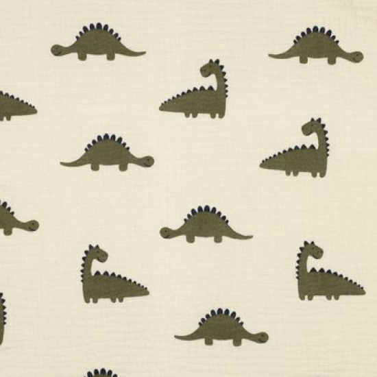 Preview: Weich fallender Bio Musselin in ecru mit süßen Dinos gemustert