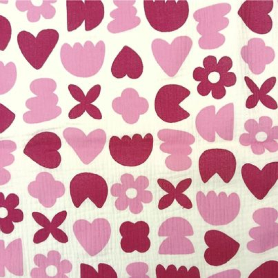 Preview: Weicher luftiger Bio Musselin in ecru mit rosa und rotem Blumenkonfetti gemustert