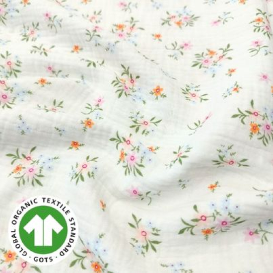 Weicher luftiger Bio Musselin in offwhite mit zarten Wiesenblümchen gemustert