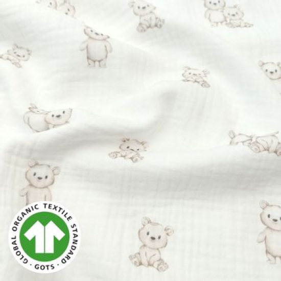 Weicher luftiger Bio Musselin in offwhite mit süßen Mini Teddybärchen gemustert