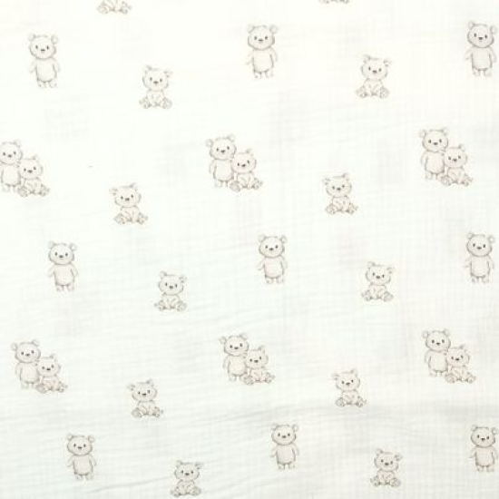 Preview: Weicher luftiger Bio Musselin in offwhite mit süßen Mini Teddybärchen gemustert