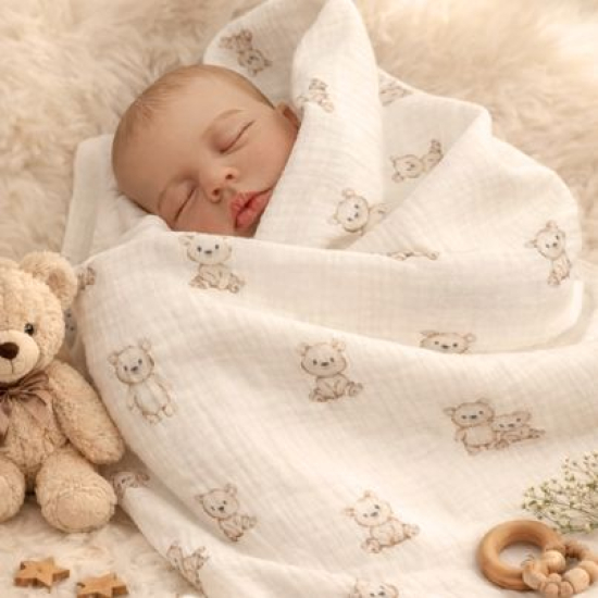 Preview: Weicher luftiger Bio Musselin in offwhite mit süßen Mini Teddybärchen gemustert