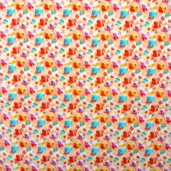 Preview: Leicht fallender Baumwollstoff in Peach Farbtönen mit bunten Mini Elefanten gemustert