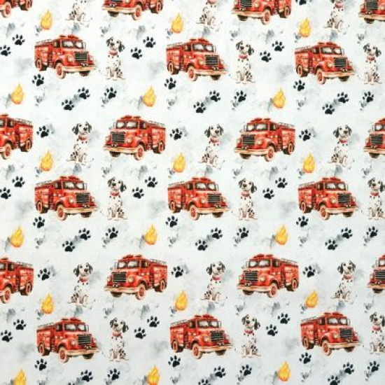 Preview: Kuschelweicher und warmer Sweatstoff in weiß mit Dalmatinern und Feuerwehrautos gemustert