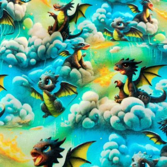 Kuschelweicher und warmer Sweatstoff in Blau-Gelbtönen mit süßen Drachen gemustert
