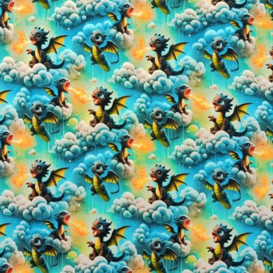 Preview: Kuschelweicher und warmer Sweatstoff in Blau-Gelbtönen mit süßen Drachen gemustert