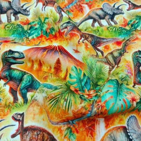 Kuschelweicher und warmer Sweatstoff in Grün-Orangetönen mit coolen Dinos gemustert