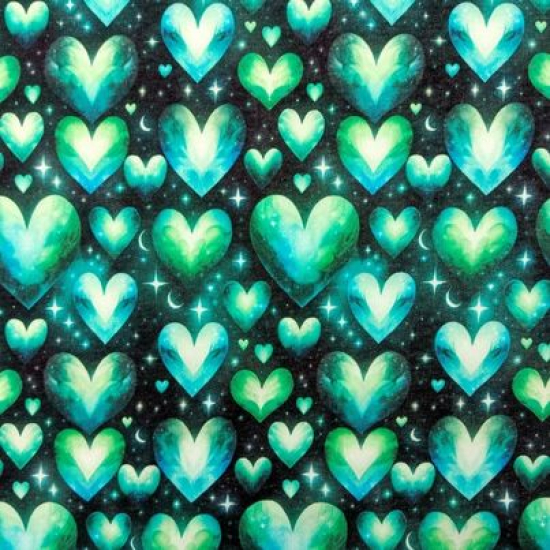 Preview: Kuschelweicher und warmer Sweatstoff in schwarz mit türkisfarbenen Herzen gemustert