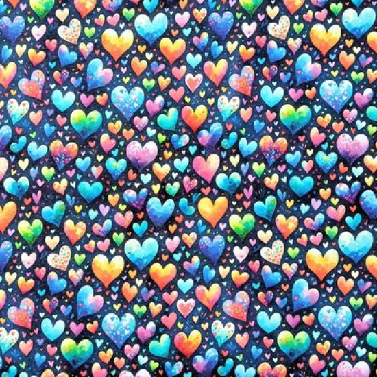 Preview: Kuschelweicher und warmer Sweatstoff in marineblau mit bunten Herzen gemustert