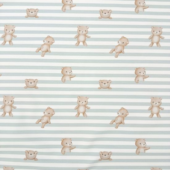 Weicher Baumwolljersey in Puderblau - offwhite gestreift mit niedlichen Bärchen gemustert