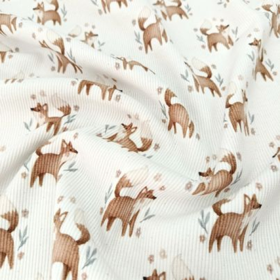 Weicher Ribjersey in Offwhite mit kleinen Füchsen gemustert