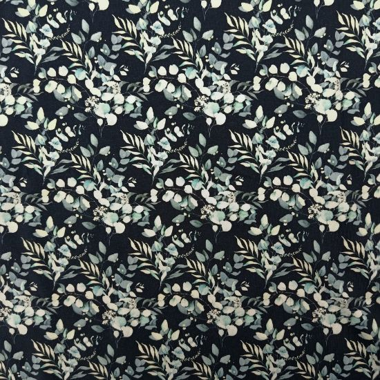 Preview: Kuschelweicher Jersey Marine mit Eukalyptuszweigen gemustert