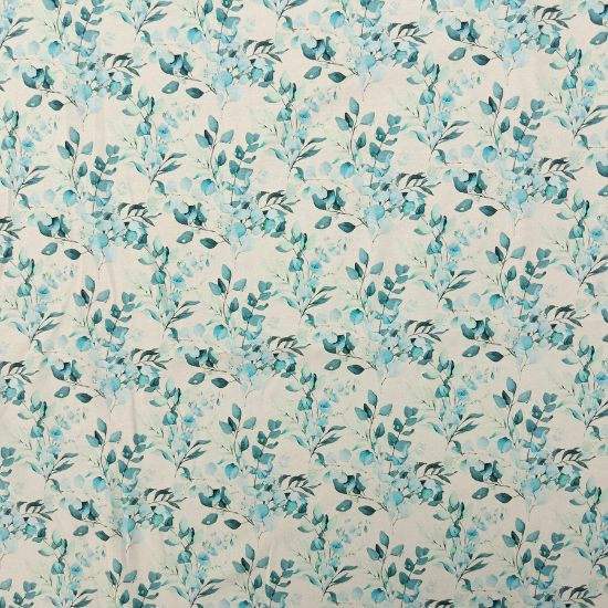 Preview: Kuschelweicher Jersey hellem Taupe mit Eukalyptuszweigen gemustert