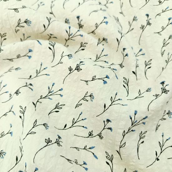 Baumwollstoff Seersucker Feine Zweige Blau