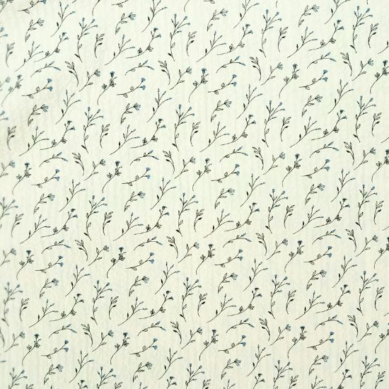 Preview: Leichter luftiger Baumwollstoff Seersucker in ecru mit kleinen blauen Zweigen gemustert