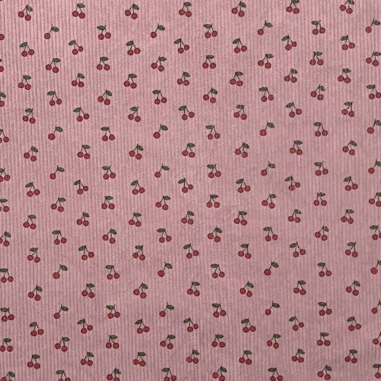 Weich fallender Baumwoll Stretch Cord in dunklem altrosa mit Minikirschen gemustert