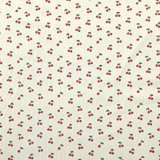 Preview: Weich fallender Baumwoll Stretch Cord in ecru mit Minikirschen gemustert