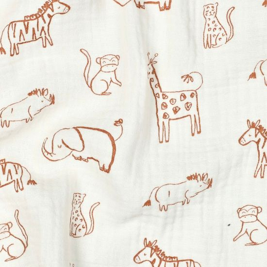 Weich fallender leichter Musselin in ecru mit Safaritieren in rostbraun gemustert