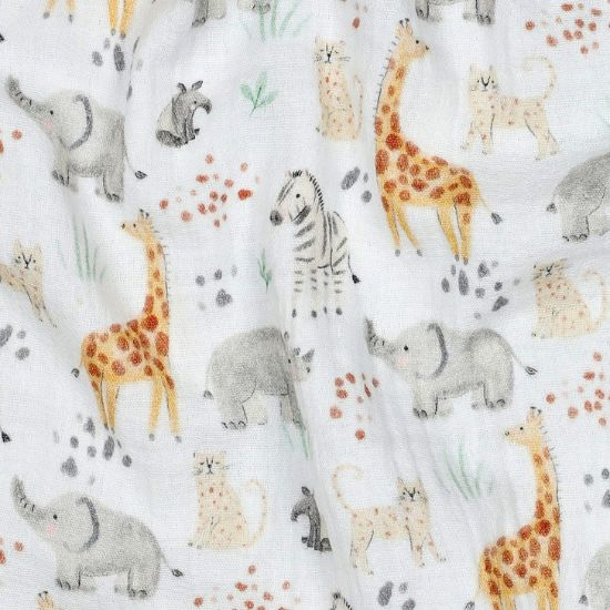 Weich fallender leichter Musselin in weiß mit Safaritieren gemustert