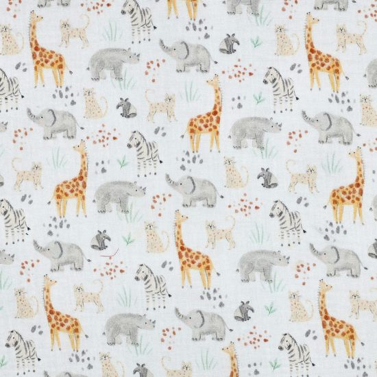 Preview: Weich fallender leichter Musselin in weiß mit Safaritieren gemustert