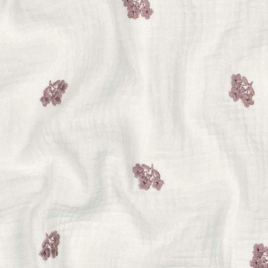 Weich fallender leichter Musselin in ecru mit gestickten Blüten in mauve gemustert