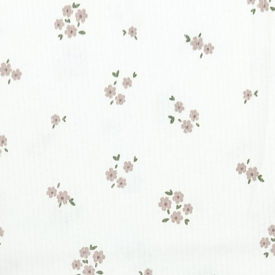 Preview: Kuschelweicher Ribjersey aus reiner Baumwolle mit Blümchen in dunklem Altrosa gemustert.