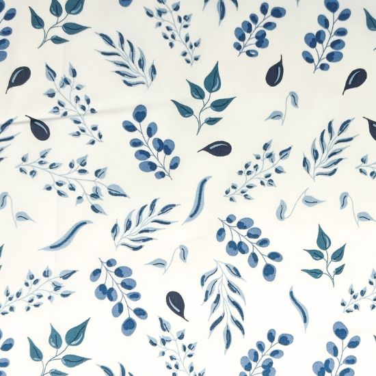 Preview: Leicht fallender Baumwollstoff in offwhite mit verschiedenen Blättern gemustert