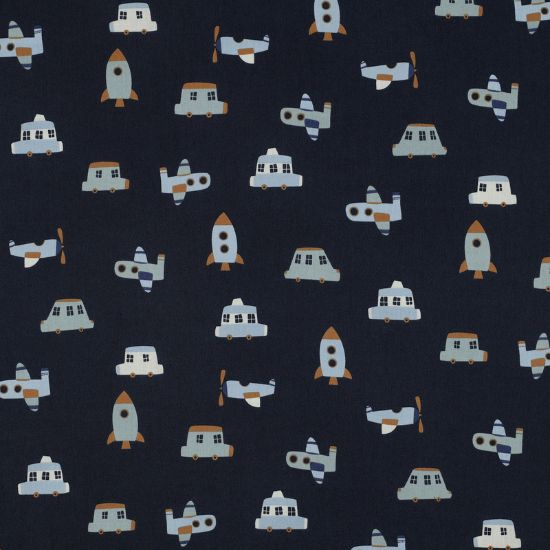 Preview: Leicht fallender Baumwollstoff in marine mit verschiedenen Fahr- und Flugzeugen gemustert