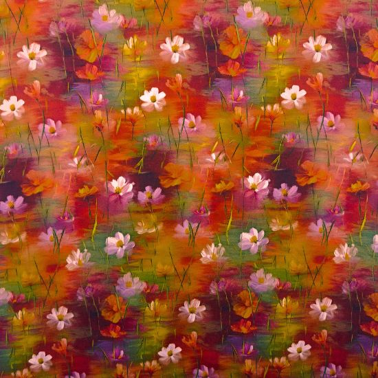 Preview: Luftig leichte Viskose in Sonnen- Orange Farbtönen mit Aquarellblumen gemustert