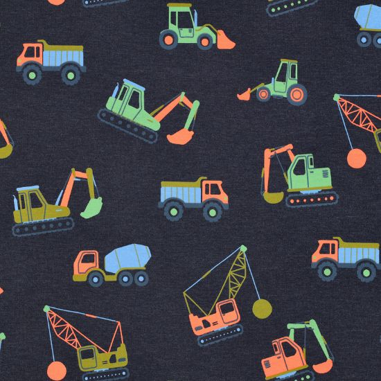 Preview: Kuschelweicher Jersey in marineblau melange mit Baufahrzeugen gemustert