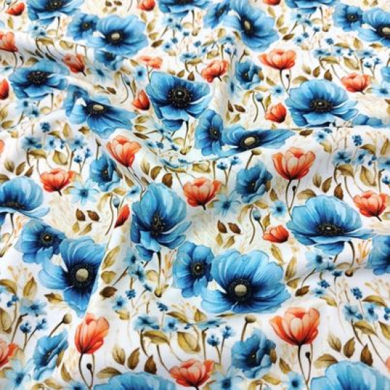Kuschelweicher Jersey in weiss mit blauen Mohnblüten gemustert
