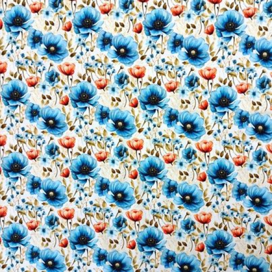 Kuschelweicher Jersey in weiss mit blauen Mohnblüten gemustert