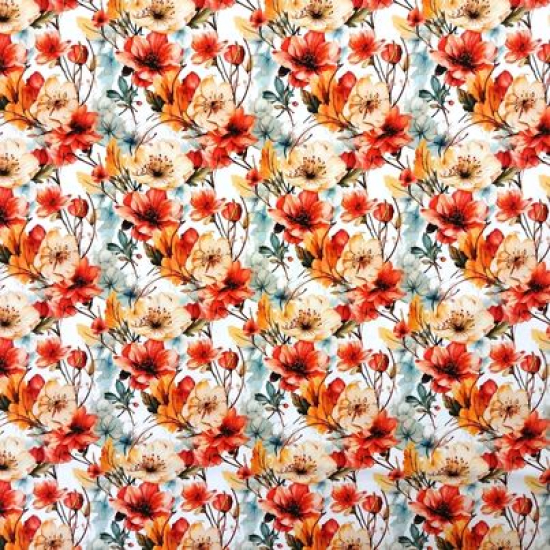 Preview: Kuschelweicher Jersey in weiss mit vielen Blüten in Orange-Rottönen gemustert